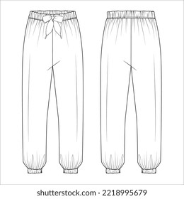 Sweatpants technical fashion illustration with elastic cuffs, low waist, rise, full length, drawstrings. Flat training trousers apparel template front, back, white color. Women men unisex CAD 