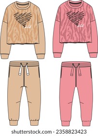 Sweatpants technical fashion illustration Flat joggers and sweats. Women and girls design CAD