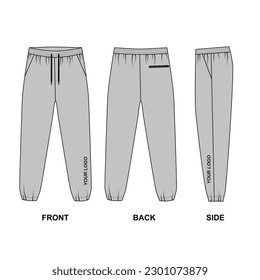 Sweatpants template front, back and side. Technical drawing of sports trousers with drawstring and pockets, grey. Sketch of joggers with pockets in casual style, vector.