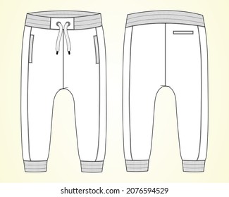Sweatpants Vektorgrafik Zeichnung. Technische Fashion-Flachskizzen. Möbelvorlage Jogging-Hose-Skizze Nach oben, Zurück-Ansicht. Hoch auflösender, verstellbarer Zugband. Leicht editierbar.