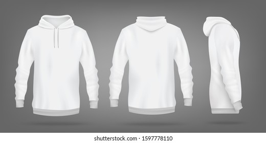 Sweatshirt blank template in front, back and side view for design, realistic vector illustration isolated on transparent background. Fashion clothes long sleeve mockup.