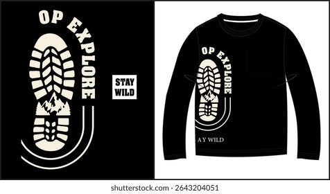 Projeto camisola com um gráfico de pegada de inicialização as palavras OP EXPLORE e a frase STAY WILD