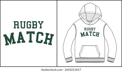 sweatshirt design with curved text rugby match in bold green letters
