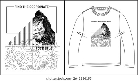 projeto de moletom com linhas topográficas montanhosas e o texto encontrar a coordenada
