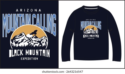 sweatshirt design with mountain illustration flying bird and the text arizona mountain calling black mountain expedition
