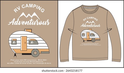 sweatshirt design with rv trailer illustration mountains and the text rv camping adventurous
