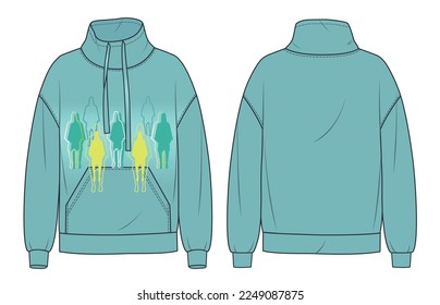 Sweatshirt fashion flat design. Roll Neck Sweatshirt fashion technical drawing template, print, pocket, front and back view, green color, women, men, unisex CAD mockup.