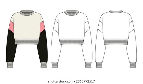 sweatshirt flat drawing technical sketch template. front and back sweatshirt outfit design vector illustration for a clothing brand. fashion CAD drawing mock up design for garment, apparel template.