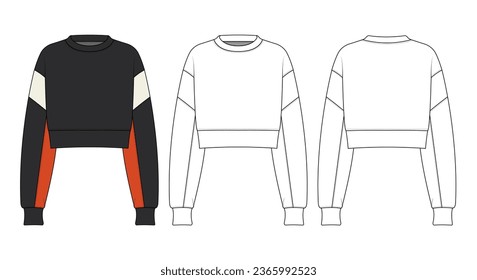 sweatshirt flat drawing technical sketch template. front and back sweatshirt outfit design vector illustration for a clothing brand. fashion CAD drawing mock up design for garment, apparel template.