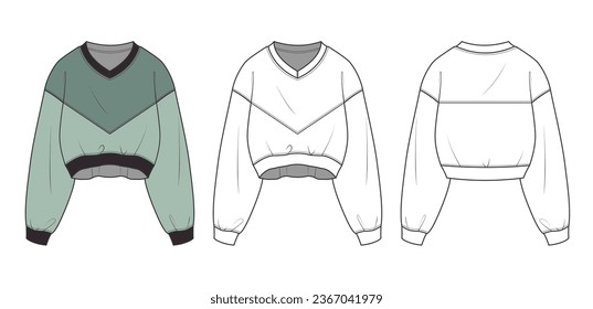 sweatshirt flat drawing technical sketch template. front and back sweatshirt outfit design vector illustration for a clothing brand. fashion CAD drawing mock up design for garment, apparel template.