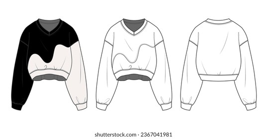 sweatshirt flat drawing technical sketch template. front and back sweatshirt outfit design vector illustration for a clothing brand. fashion CAD drawing mock up design for garment, apparel template.