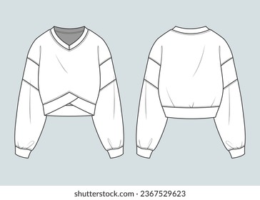 sweatshirt flat drawing technical sketch template. front and back sweatshirt outfit design vector illustration for a clothing brand. fashion CAD drawing mock up design for garment, apparel template.