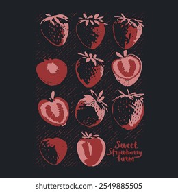 moletom frutas impressão design, moda de comida das mulheres. Desenhado à mão de morango gráficos vetoriais, t-shirts, moda morango ilustração arte, ilustração de frutas para vibes de verão