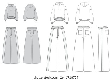 Camiseta Feminina com Hem Alto-Baixo, Punhos com Fitas e Ombro Largo, em par com Calças de Perna Larga com Cintura de Cordão e Bolsos - Esboço Plano Técnico CAD com Vista Frontal e Traseira Completa