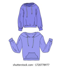Sweatshirt and hood and laces  Warm clothes  Set  Color flat vector illustration  Cartoon isolated white background 