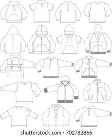 Sweatshirt, hoodie and fleece in black and white, teen apparel vector templates collection