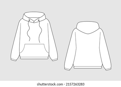 Sweatshirt Hoodie, Pullover Vector Template Isolated On A White Background. Unisex, Male, Female Model. Front And Back View. Outline Fashion Technical Sketch Of Clothes Model.