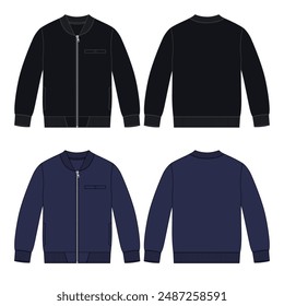 Sweatshirt jacket technical drawing fashion flat sketch vector illustration navy and black color template front and back views.