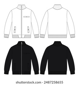 Sweatshirt jacket technical drawing fashion flat sketch vector illustration white and black color template front and back views.