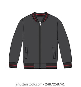 Sweatshirt jacket technical drawing fashion flat sketch vector illustration grey color template front views isolated on white background.