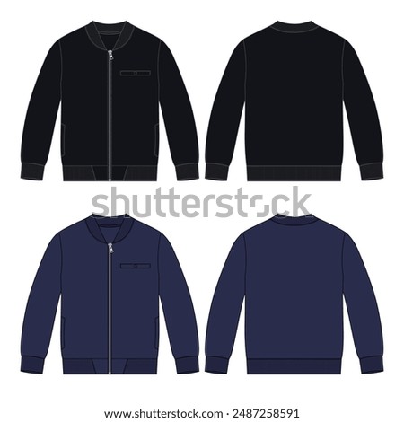 Sweatshirt jacket technical drawing fashion flat sketch vector illustration navy and black color template front and back views.