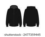 Sweatshirt Long Sleeve Fashion Vector Mockup Round Neck Long Sleeve Sweatshirt Fashion Flat Sketch Zip up Hoodie Technical Drawing Vector Mockups Apparel Hoodie Sweater Template Sweatshirt Long Sleeve