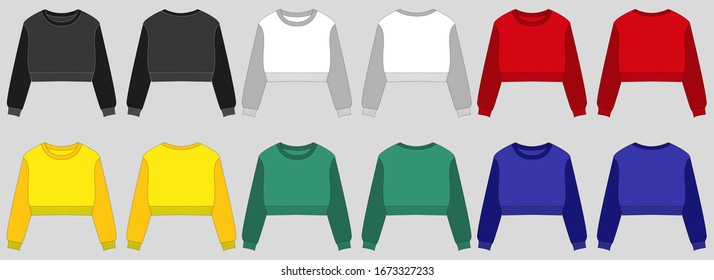 Sweatshirt with a long sleeve and a round neck. Clothing for women and men. Set of colored unisex Sweatshirt with hood. Rear and front view. Basic casual clothing and sports. oversize clothes. Vector 