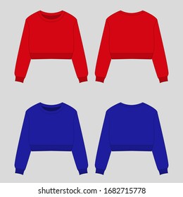 Sweatshirt with a long sleeve and a round neck. Clothing for women and men. Set of colored unisex Sweatshirt with hood. Rear and front view. Basic casual clothing and sports. oversize clothes. Vector 