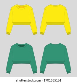 Sweatshirt with a long sleeve and a round neck. Clothing for women and men. Set of colored unisex Sweatshirt with hood. Rear and front view. Basic casual clothing and sports. oversize clothes. Vector 