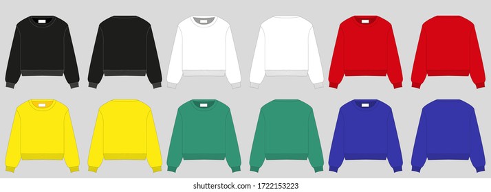 Sweatshirt with a long sleeve and a round neck. Clothing for women and men. Set of colored unisex Sweatshirt with hood. Rear and front view. Basic casual clothing and sports. oversize clothes. Vector 