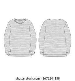 Sweatshirt in melange fabric isolated on white background. Sportswear, casual urban style. Front and back technical sketch. Fashion vector illustration