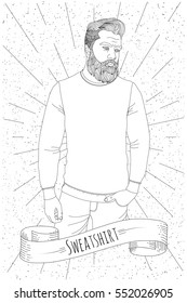 Sweatshirt on a guy with a beard. Seen from the front. Vector illustration.