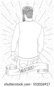 Sweatshirt on a guy with a beard. Seen from the back. Vector illustration.
