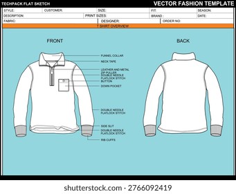 SWEATSHIRT QUATER ZIP PULL OVER FULL SLEEVE EASY EDITABLE TECHNICAL FLAT SKETCH ILLUSTRATION DESIGN