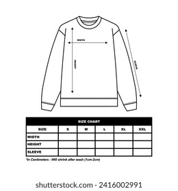 Sweatshirt Size Chart, crew neck, long sleeve size chart, sweater