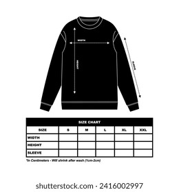 Sweatshirt Size Chart, crew neck, long sleeve size chart, sweater