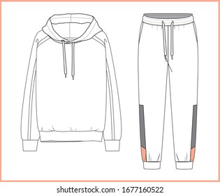 Sweatshirt, sweatpants fashion flat sketches. Apparel template