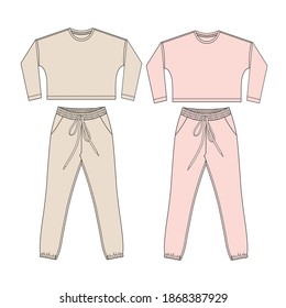 Sweatshirt, Sweatpants Fashion Flat Sketches. Apparel Template