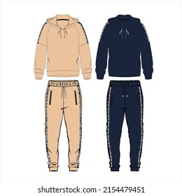 Sweatshirt, Sweatpants Fashion Flat Sketches. Apparel Template