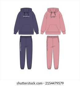 Sweatshirt, Sweatpants Fashion Flat Sketches. Apparel Template