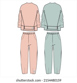 Sweatshirt, sweatpants fashion flat sketches. Apparel template