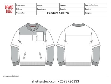 Sweatshirt technical drawing vector illustration template with tech pack details	