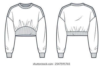 Sweatshirt technical fashion illustration. Cropped Sweatshirt fashion flat technical drawing template, round neck, ribbed, oversize, front and back view, white, women, men, unisex CAD mockup.