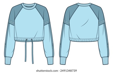 Sweatshirt technical fashion illustration. Drawstring Sweatshirt fashion flat technical drawing template, crop, oversize, stripes, raglan sleeve, front, back view, blue, women, men, unisex CAD mockup.