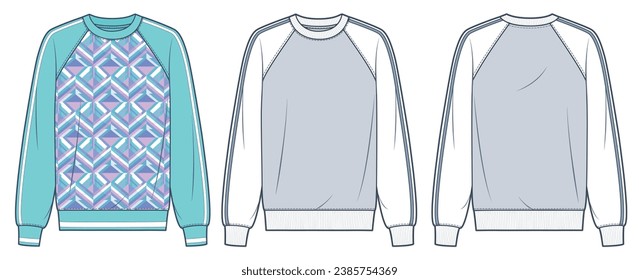 Sweatshirt technical fashion illustration, geometric design. Raglan Sleeve Sweatshirt fashion technical drawing template, front, back view, white, grey, women, men, unisex CAD mockup set.   