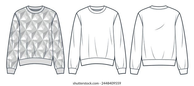 Ilustración técnica de la moda de la sudadera, diseño geométrico. Plantilla de dibujo técnico plano de moda suéter, ajuste relajado, vista frontal y posterior, blanco, gris, mujeres, hombres, conjunto de maquetas de Top CAD unisex.