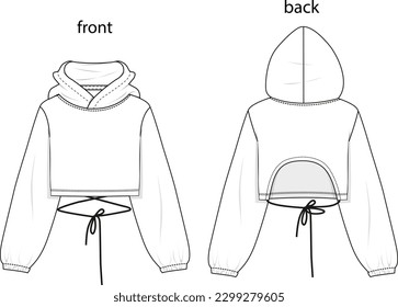 Sweatshirt technical fashion illustration. Hooded and back cut-out detail. Sweatshirt fashion flat technical drawing template, crop size, front and back view, women CAD mockup.