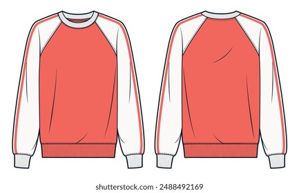 Sweatshirt technical fashion illustration. Raglan Sleeve Sweatshirt fashion flat technical drawing template, round neck, relaxed fit, front, back view, white, neon flare, women, men, unisex CAD mockup