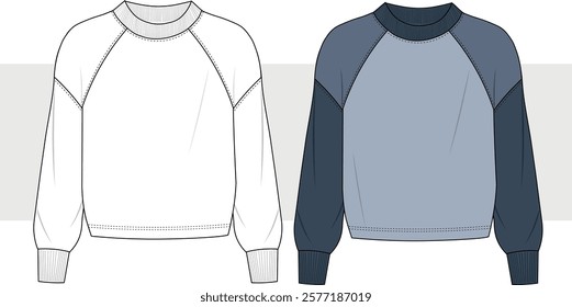 sweatshirt technical fashion illustration. Raglan Sleeve Sweatshirt fashion flat technical drawing template, round neck, relaxed fit, women, men, unisex CAD mockup