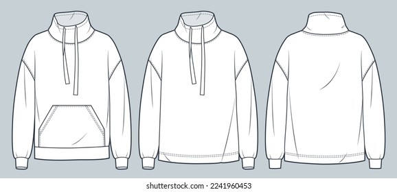 Ilustración técnica de moda de sudaderas. Roll Neck Sweatshirt moda plantilla técnica plana de dibujo, bolsillo, vista frontal y trasera, color blanco, mujeres, hombres, conjunto de maquillaje CAD unisex.